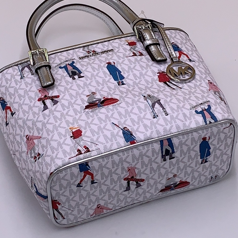 Michael Kors Jet Set Girls Print Bright White Signature XS Carryall Top Zip Tote - Picture 7 of 16